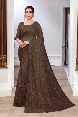 NORAFLEX Embroidered Bollywood Net Saree(Brown)