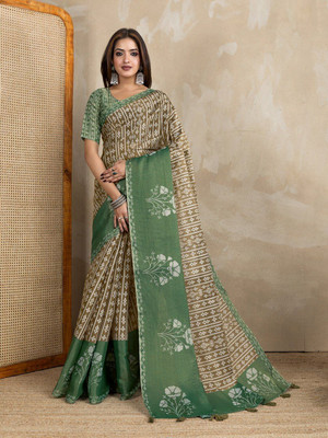 Laxmi Fashion Printed, Floral Print Assam Silk Jacquard, Cotton Silk Saree(Light Green, Beige)