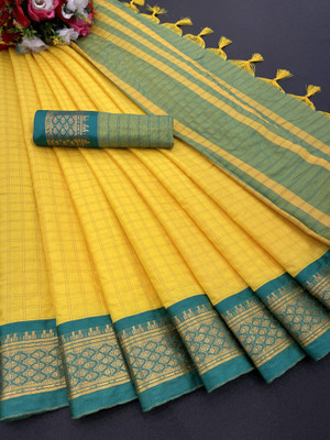 KanjiQueen Checkered Jamdani Silk Blend, Cotton Blend Saree(Yellow, Blue)