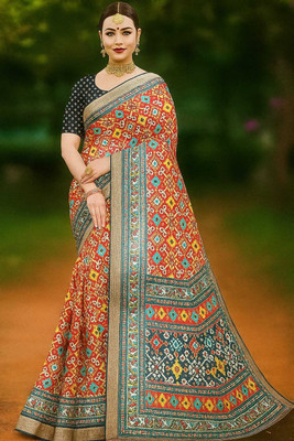 Sarkar Textiles Floral Print Patola Pure Silk Saree(Red)