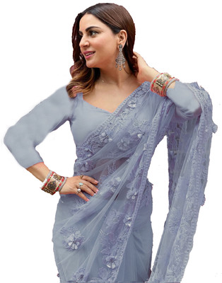 Mactos Embroidered Bollywood Net Saree(Grey)