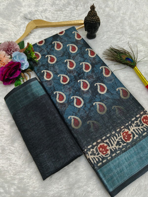 HangerStories Printed Bollywood Pure Cotton, Cotton Linen Saree(Dark Blue)