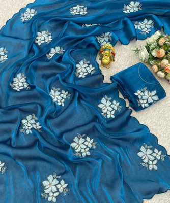 Julee Embroidered Bollywood Organza Saree(Dark Blue)