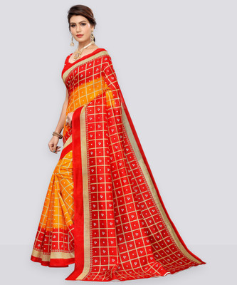 Samah Printed Banarasi Silk Blend Saree(Red, Yellow)