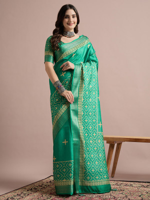 Sareemall Printed Chinnalapattu Cotton Blend Saree(Green)