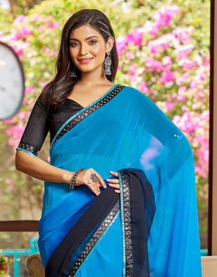 Samah Ombre, Solid/Plain, Embellished Bollywood Georgette Saree(Blue, Black)