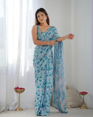 SHIVGANN Printed Leheria Georgette Saree(Light Blue)