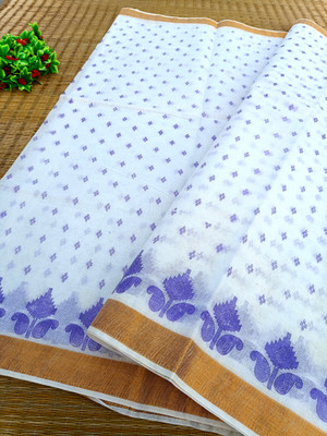 Happy Creation Printed, Striped Tant Pure Cotton, Cotton Blend Saree(White)