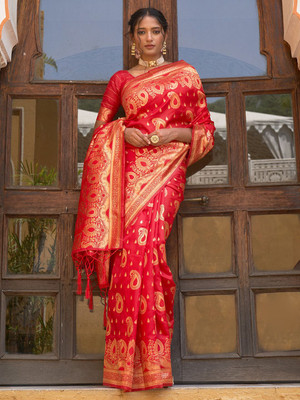 Janasya Woven Chanderi Silk Blend Saree(Red)