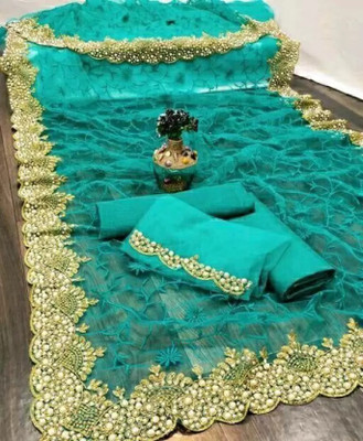 Suali Embroidered Bollywood Net Saree(Blue)