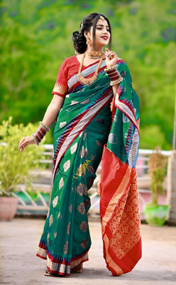 LYANNA Temple Border, Woven Sambalpuri Handloom Art Silk Saree(Light Green)