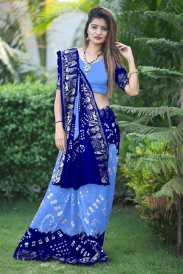 JERAVI Enterprise Printed Bandhani Art Silk Saree(Light Blue, Blue)