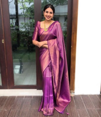 Vinayak Textile Self Design Banarasi Silk Blend, Jacquard Saree(Purple, Gold)