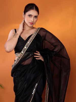 FABMORA Temple Border, Embellished Banarasi Organza Saree(Black)