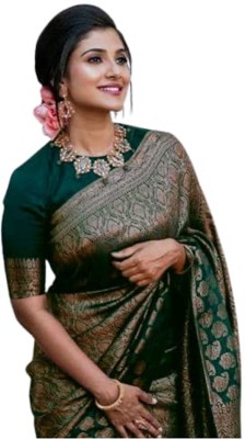 PALKISAREE Printed Kanjivaram Silk Blend Saree(Dark Green)