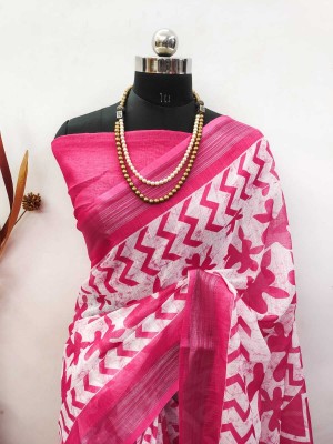 kesarsilkmills Printed Bollywood Linen, Cotton Linen Saree(Pink)