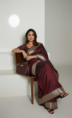 LYANNA Solid/Plain, Woven Banarasi Satin Saree(Brown)