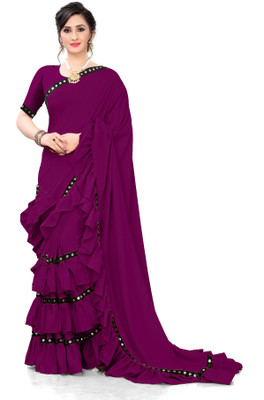 fentik.com Solid/Plain Bollywood Lycra Blend Saree(Purple)
