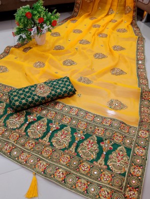 balaji textiles Embroidered, Embellished Bollywood Silk Blend Saree(Yellow)