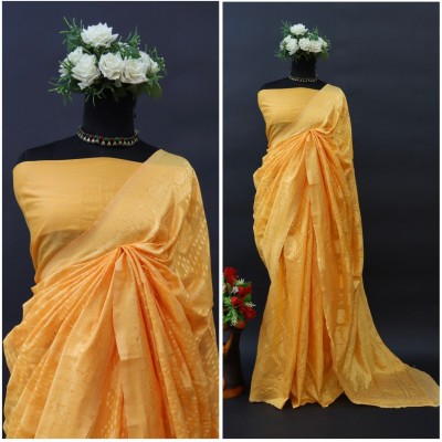 Bansari Textiles Embellished, Applique, Self Design, Woven Banarasi Cotton Silk Saree(Yellow)