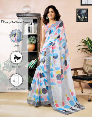 Samah Floral Print, Geometric Print, Printed Daily Wear Linen Saree(White)