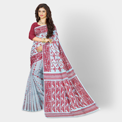 Mayabi Woven Jamdani Cotton Silk Saree(White, Red)