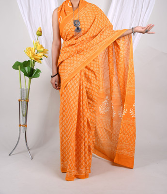 Threadier Printed Bollywood Pure Cotton Saree(Orange)