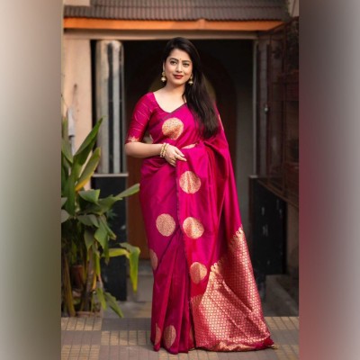 HANSIKA FASHION Temple Border Banarasi Chanderi Saree(Pink)