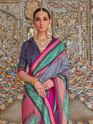 ANOUK Printed Chinnalapattu Silk Blend Saree(Grey)