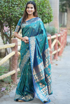 ROOP LAVANYA Woven Kanjivaram Cotton Linen, Jacquard Saree(Dark Green, Blue)
