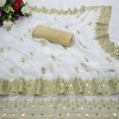 PRETTYAGE Embroidered, Self Design Bollywood Georgette, Silk Blend Saree(White)