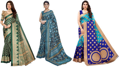 YASHIKA Printed Mysore Art Silk Saree(Pack of 3, Dark Green, Blue)