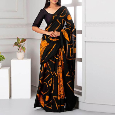 FabricoWorld Printed Hand Batik Pure Cotton Saree(Black)
