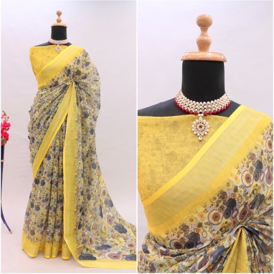 Pionex Woven, Printed, Digital Print, Floral Print, Geometric Print, Graphic Print Daily Wear Cotton Linen Saree(Yellow)