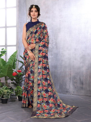 YASHIKA Printed Bollywood Georgette, Lace Saree(Blue)