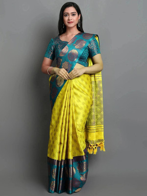 VILLAGIUS Embellished, Floral Print, Printed, Self Design, Temple Border, Solid/Plain, Woven Kanjivaram Cotton Silk, Art Silk Saree(Light Green, Green)