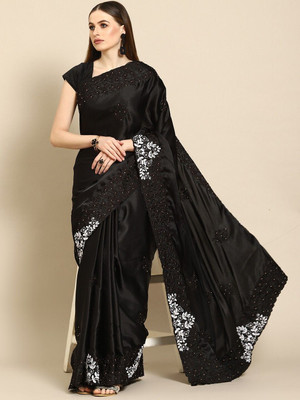 ANOUK Embroidered Saree with Attached Blouse Satin Saree(Black)