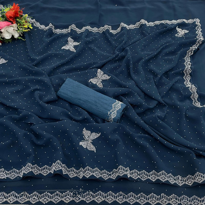 VEERAIVA Printed Bollywood Georgette Saree(Dark Blue)