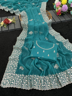 CHAMUNDA CREATION Embroidered Bollywood Organza Saree(Blue)