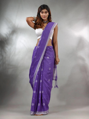 GOURISAREE Solid/Plain Handloom Cotton Blend Saree(Purple, White)