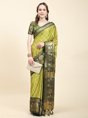 SILK SAREE HUB Woven Kanjivaram Jacquard, Cotton Silk Saree(Green)