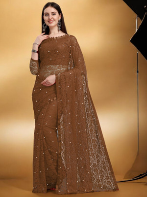 NORAFLEX Embroidered Bollywood Net Saree(Brown)