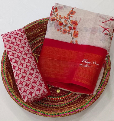 Grubstaker Printed Daily Wear Cotton Blend Saree(Red)