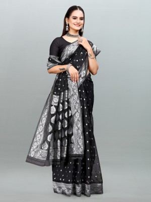 Om Shantam sarees Striped, Self Design Kanjivaram Organza, Pure Silk Saree(Black)