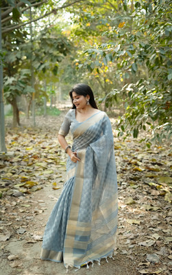 PeachPetals Checkered, Striped, Woven Banarasi Cotton Silk Saree(Light Blue)