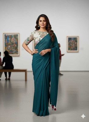 supalee tex Solid/Plain, Floral Print, Embroidered Bollywood Georgette Saree(Blue)