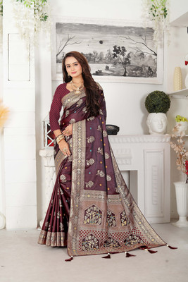 Maitri Fab Embroidered Banarasi Pure Silk Saree(Maroon)