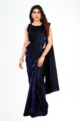 Vragi Floral Print Bollywood Lycra Blend Saree(Blue)