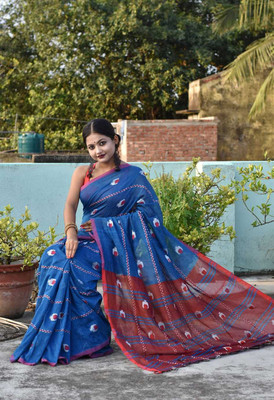 Joyguru Textile Self Design Handloom Cotton Blend Saree(Blue)