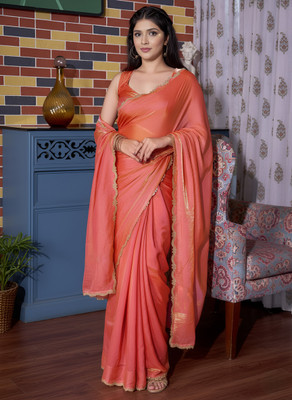NewPoojaSaree Embellished Bollywood Silk Blend, Pure Silk Saree(Orange)